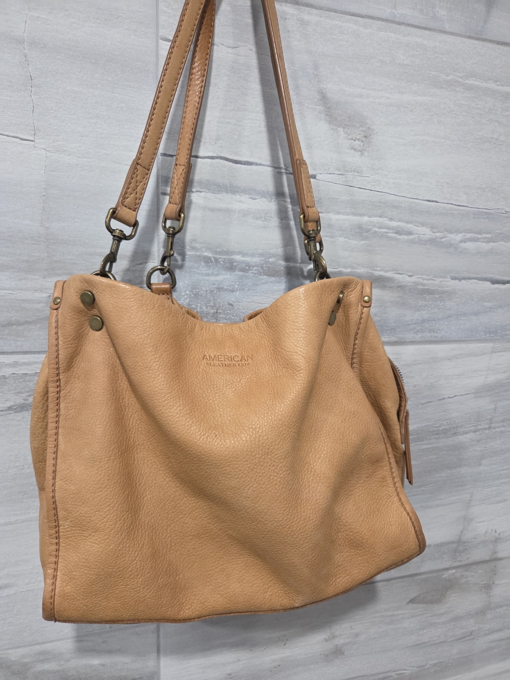 American Leather Co. Tan Pebbled Leather Shoulder Tote Hobo Bag Large